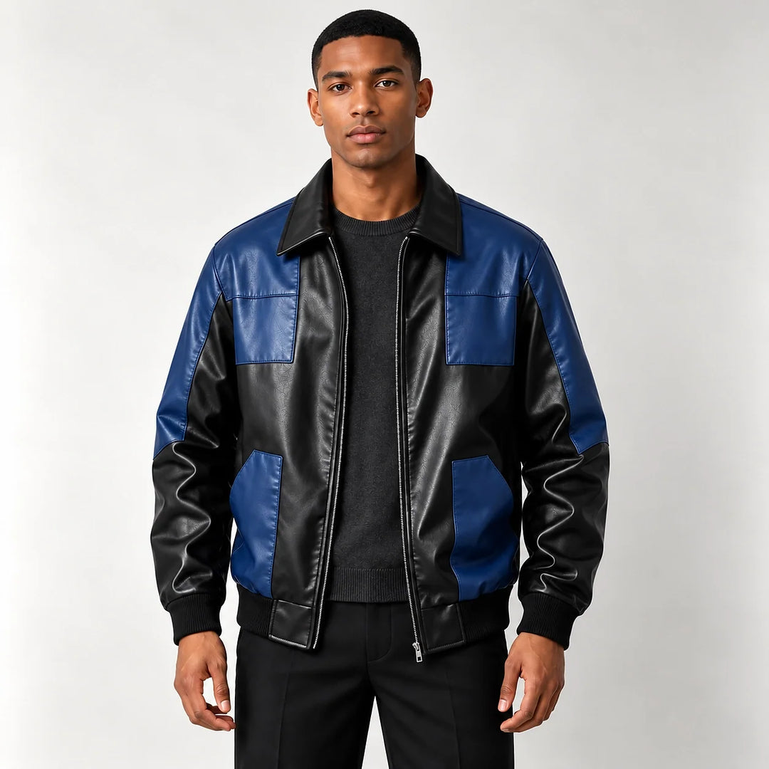 Dahven Leather Bomber Jacket — Black & Navy (apparel front)