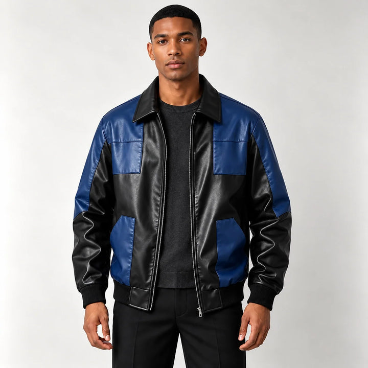 Dahven Leather Bomber Jacket — Black & Navy (apparel front)