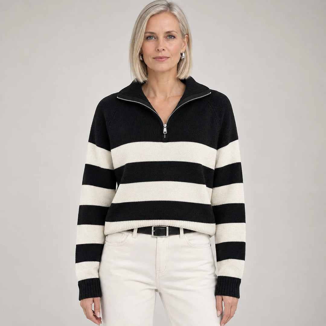 Delrow Striped Half-Zip Sweater — Black Stripes (apparel front)