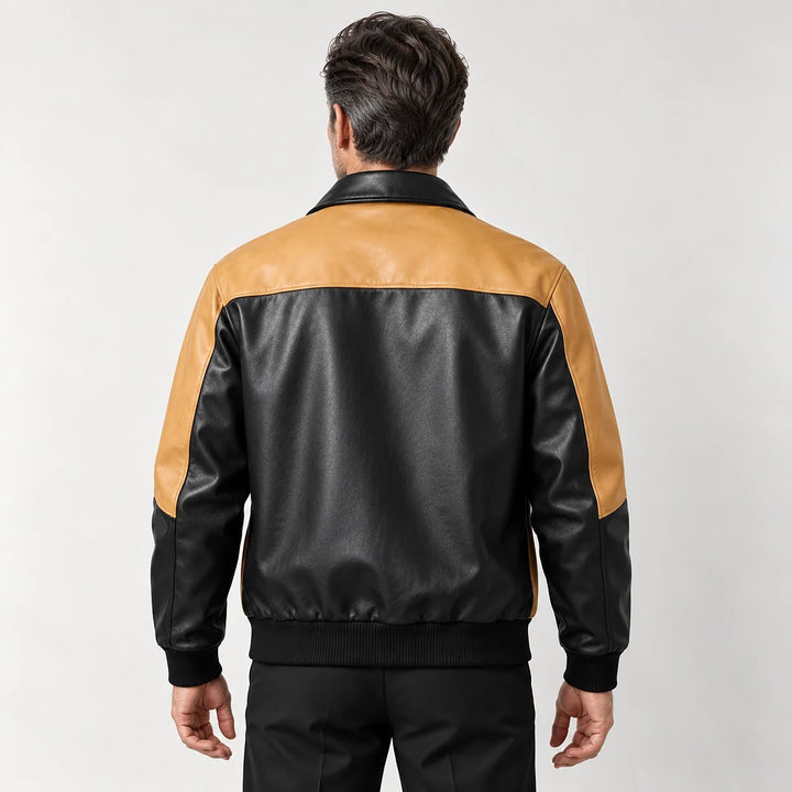 Dahven Leather Bomber Jacket — Black & Tan (apparel back)
