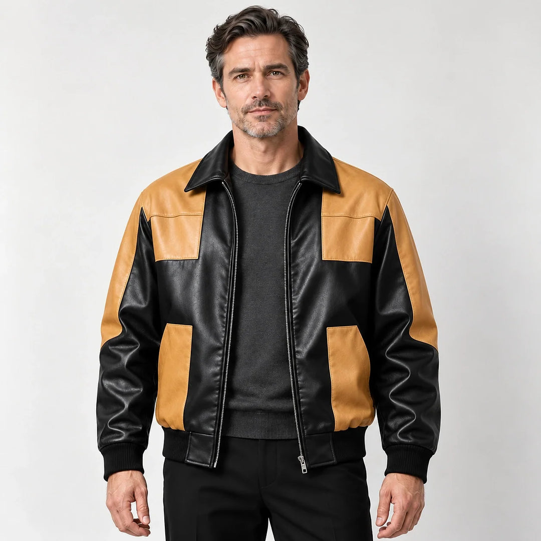 Dahven Leather Bomber Jacket — Black & Tan (apparel front)