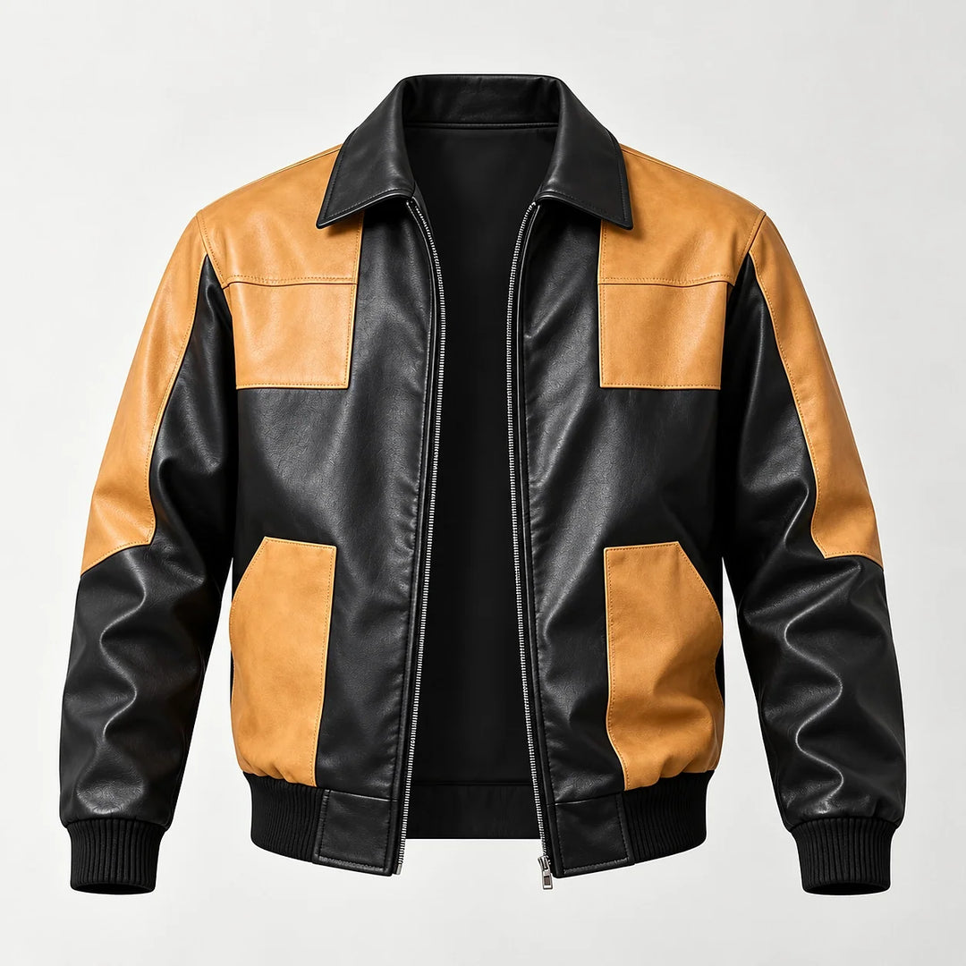 Dahven Leather Bomber Jacket — Black & Tan (apparel solo)