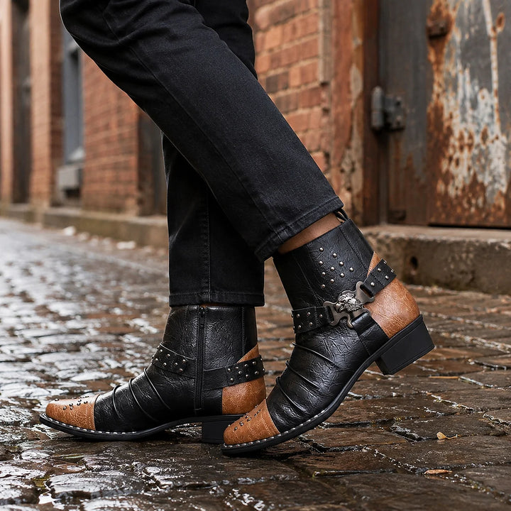 Drexon Leather Studded Harness Boots