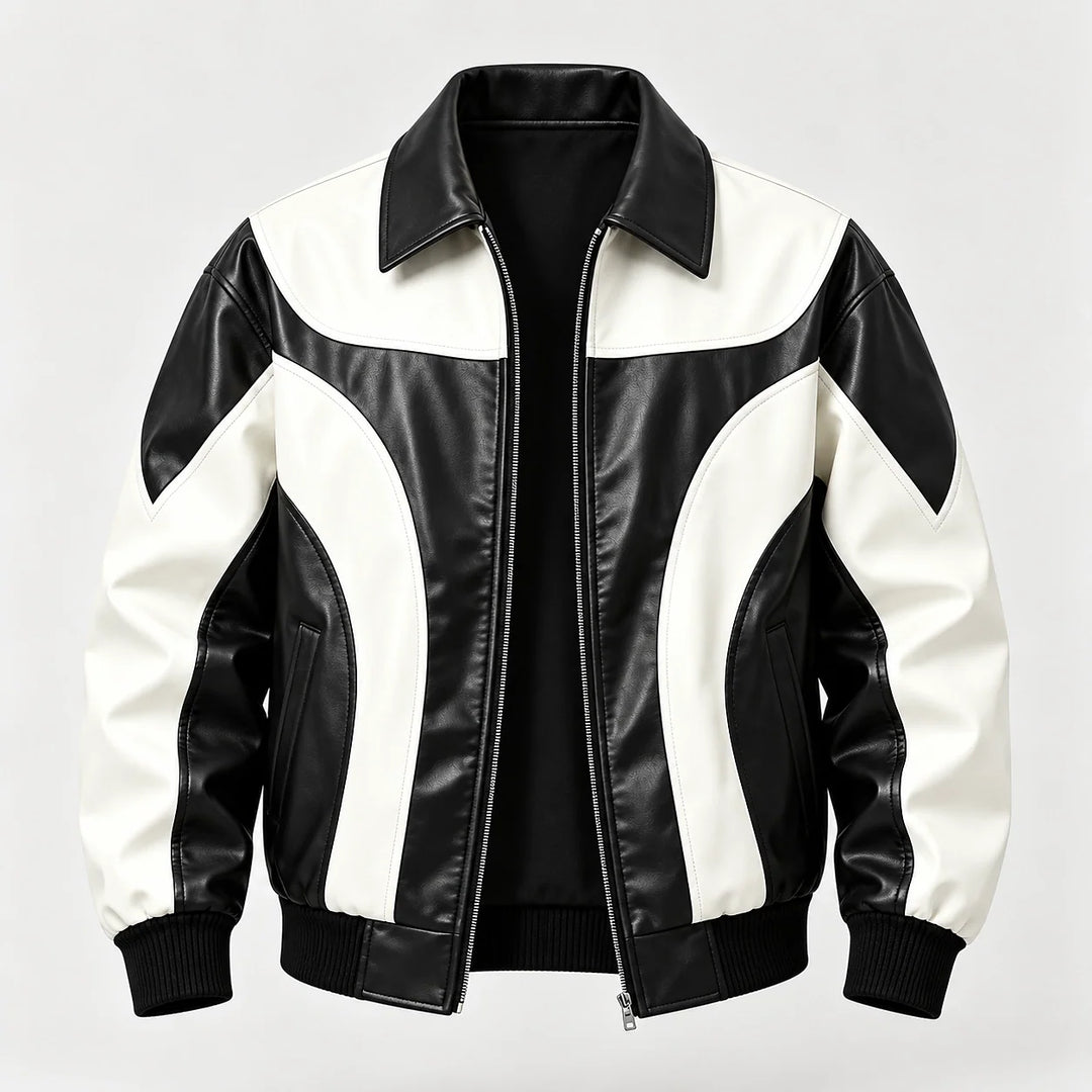Dovek Leather Bomber Jacket — Black & White (apparel solo)
