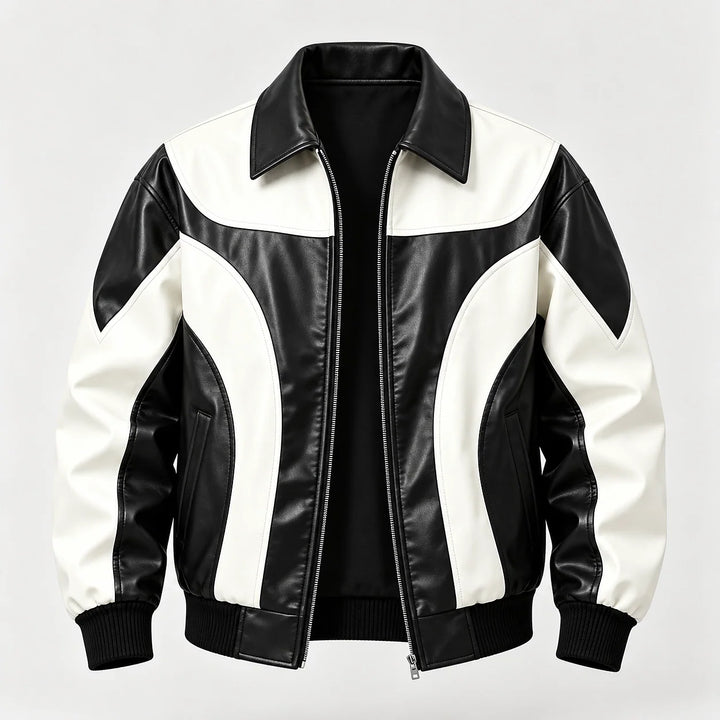 Dovek Leather Bomber Jacket — Black & White (apparel solo)