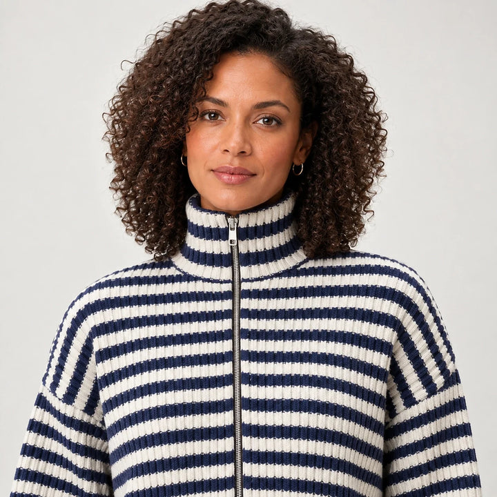 Breval Ribbed Zip Sweater — Black & White Stripe (apparel detail)