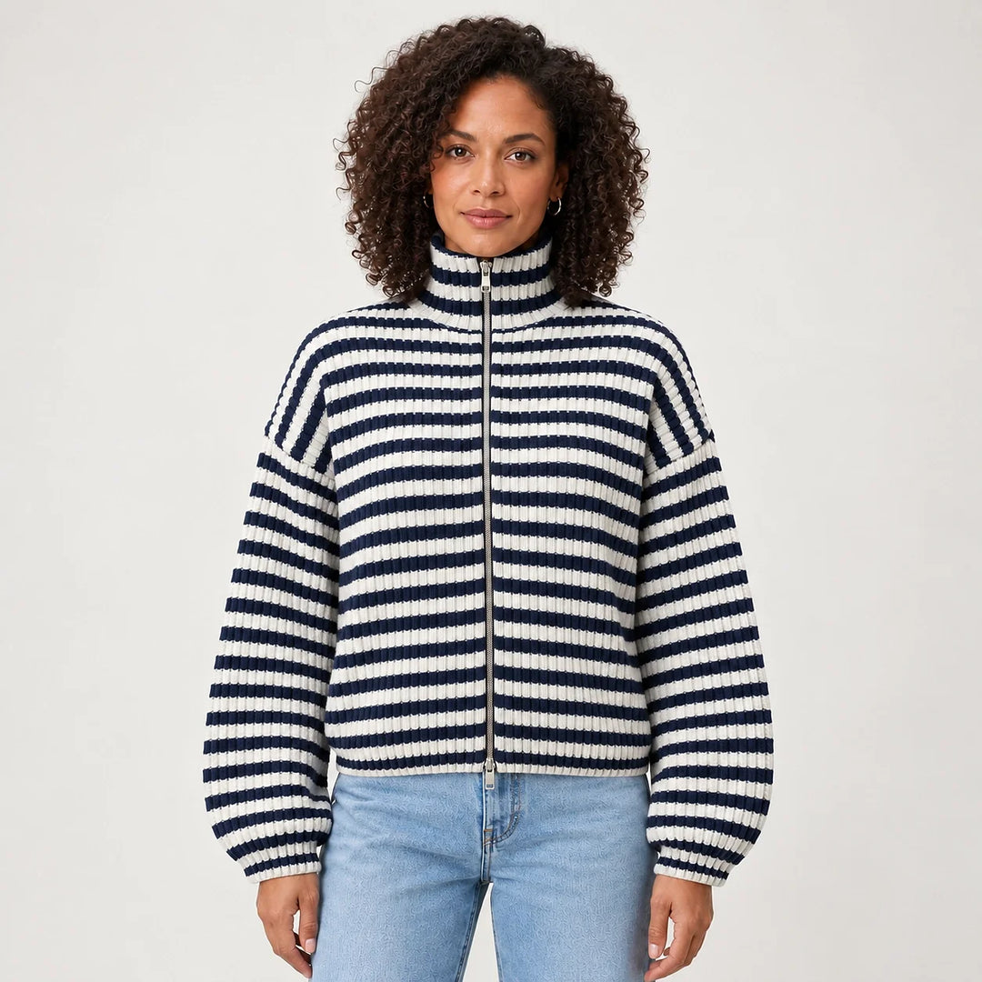 Breval Ribbed Zip Sweater — Black & White Stripe (apparel front)