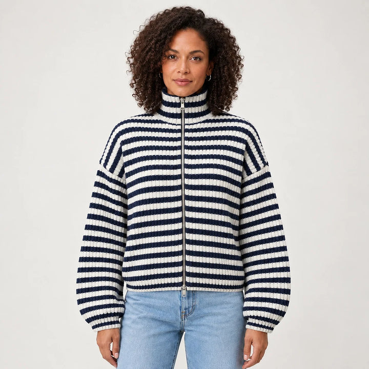 Breval Ribbed Zip Sweater — Black & White Stripe (apparel front)