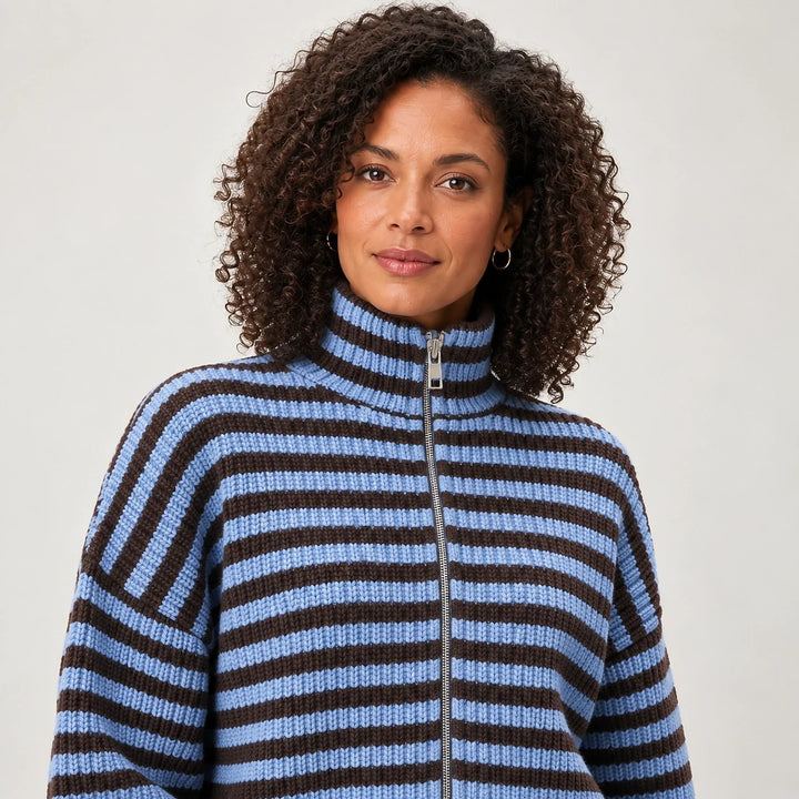 Breval Ribbed Zip Sweater — Blue & Brown Stripe (apparel detail)