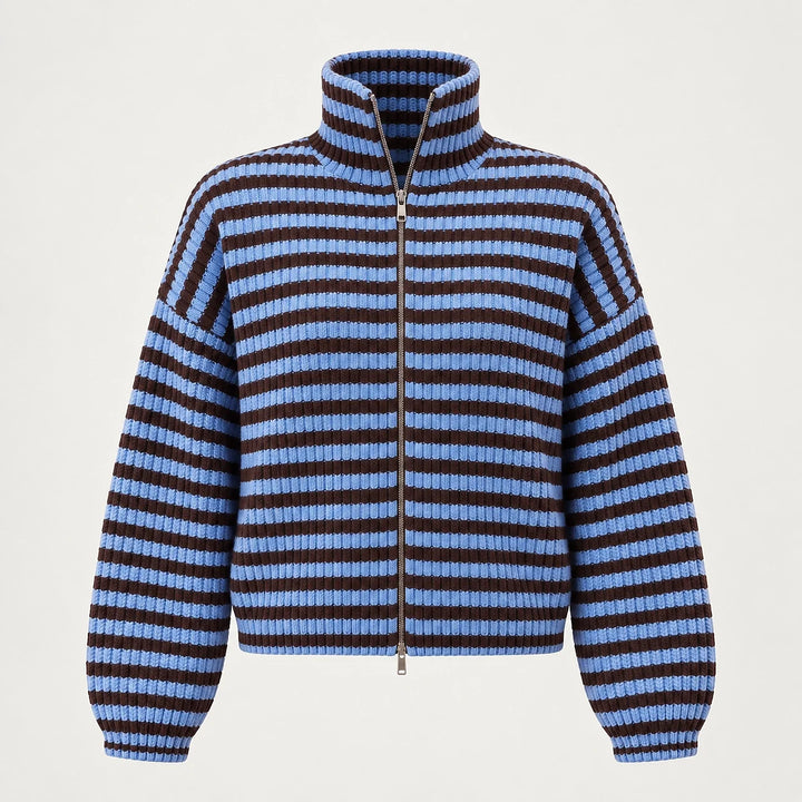Breval Ribbed Zip Sweater — Blue & Brown Stripe (apparel solo)