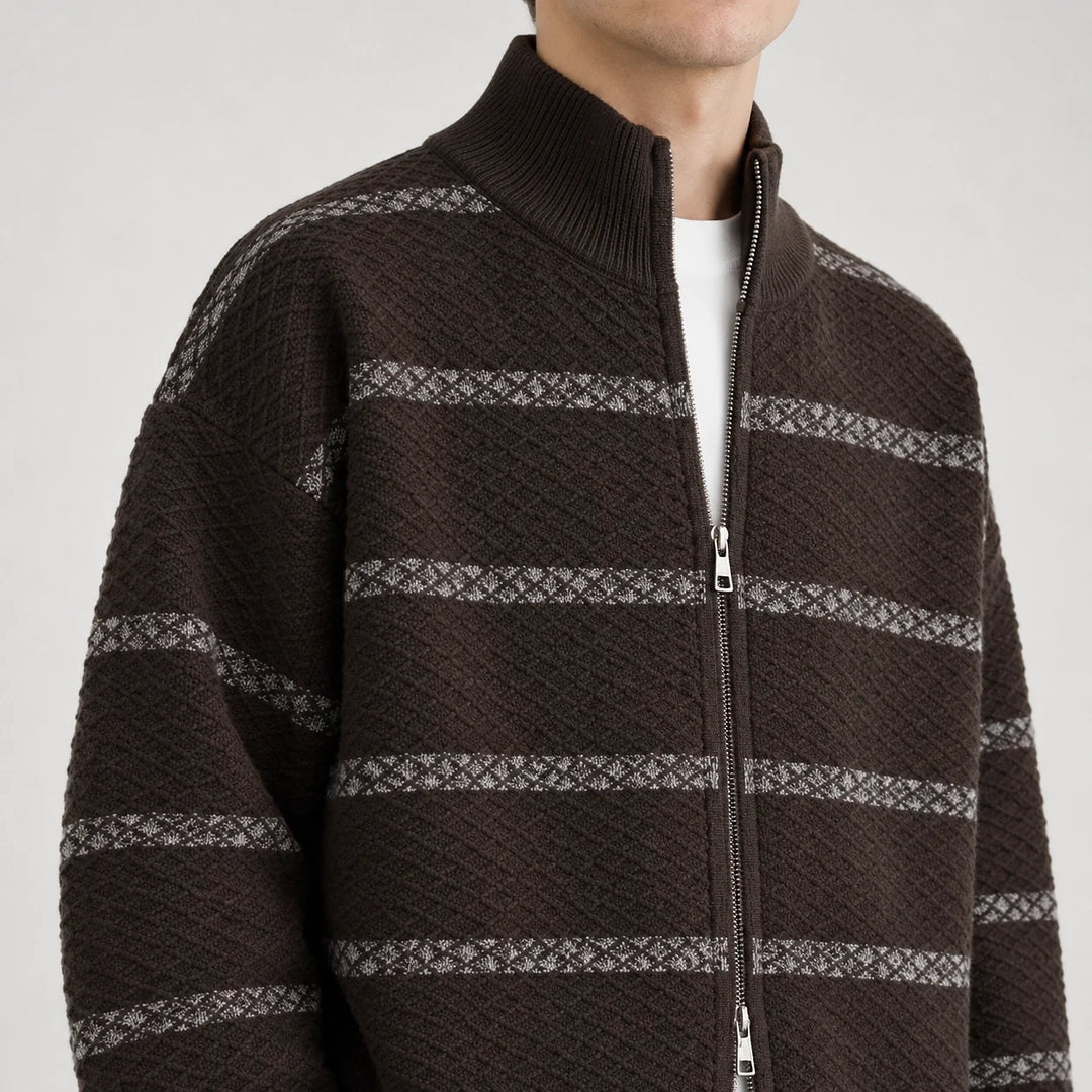 Drevon Striped Knit Cardigan — Brown (apparel detail)