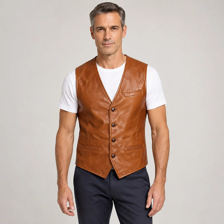 Darro Leather Vest — Brown (apparel front)