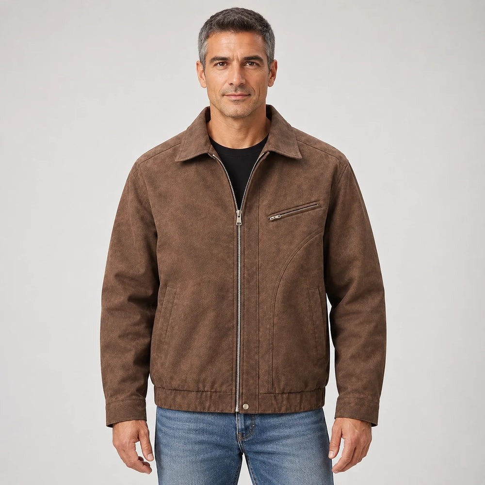 Halvern Leather Bomber Jacket — Brown (apparel front)