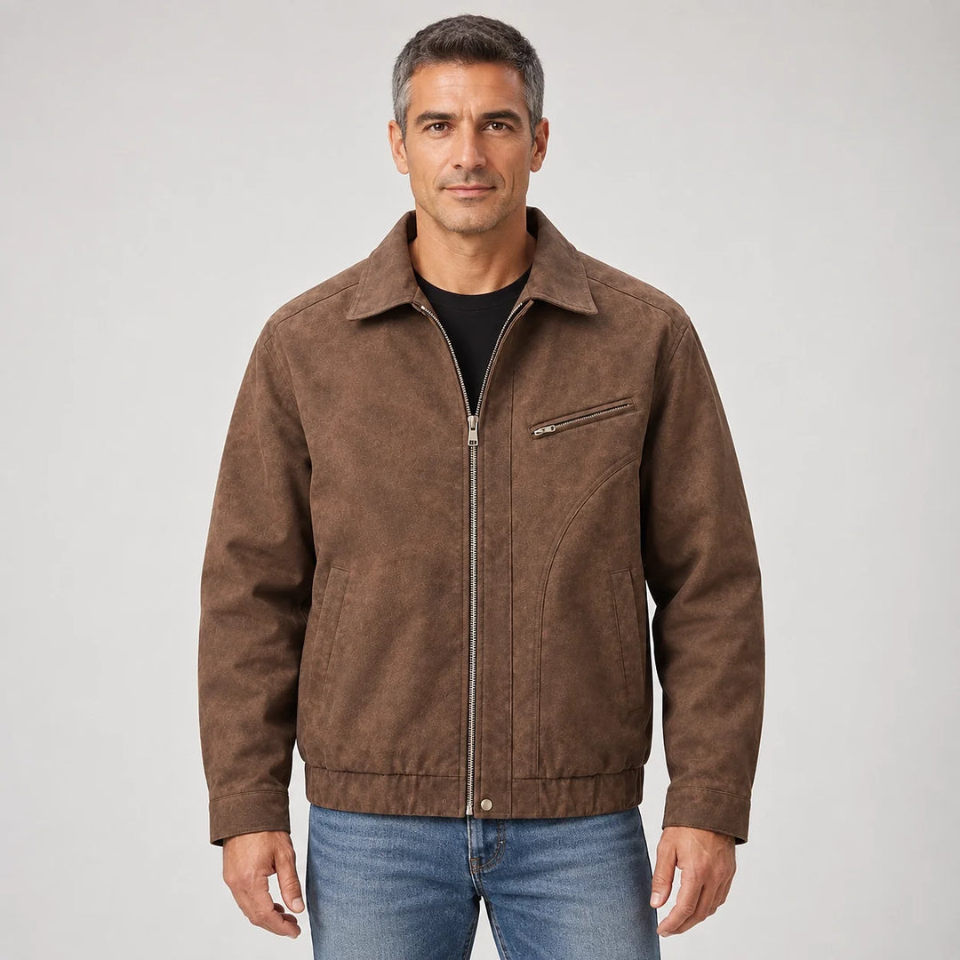Halvern Leather Bomber Jacket — Brown (apparel front)