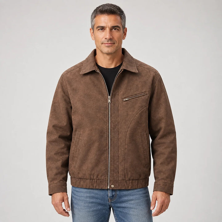Halvern Leather Bomber Jacket — Brown (apparel front)