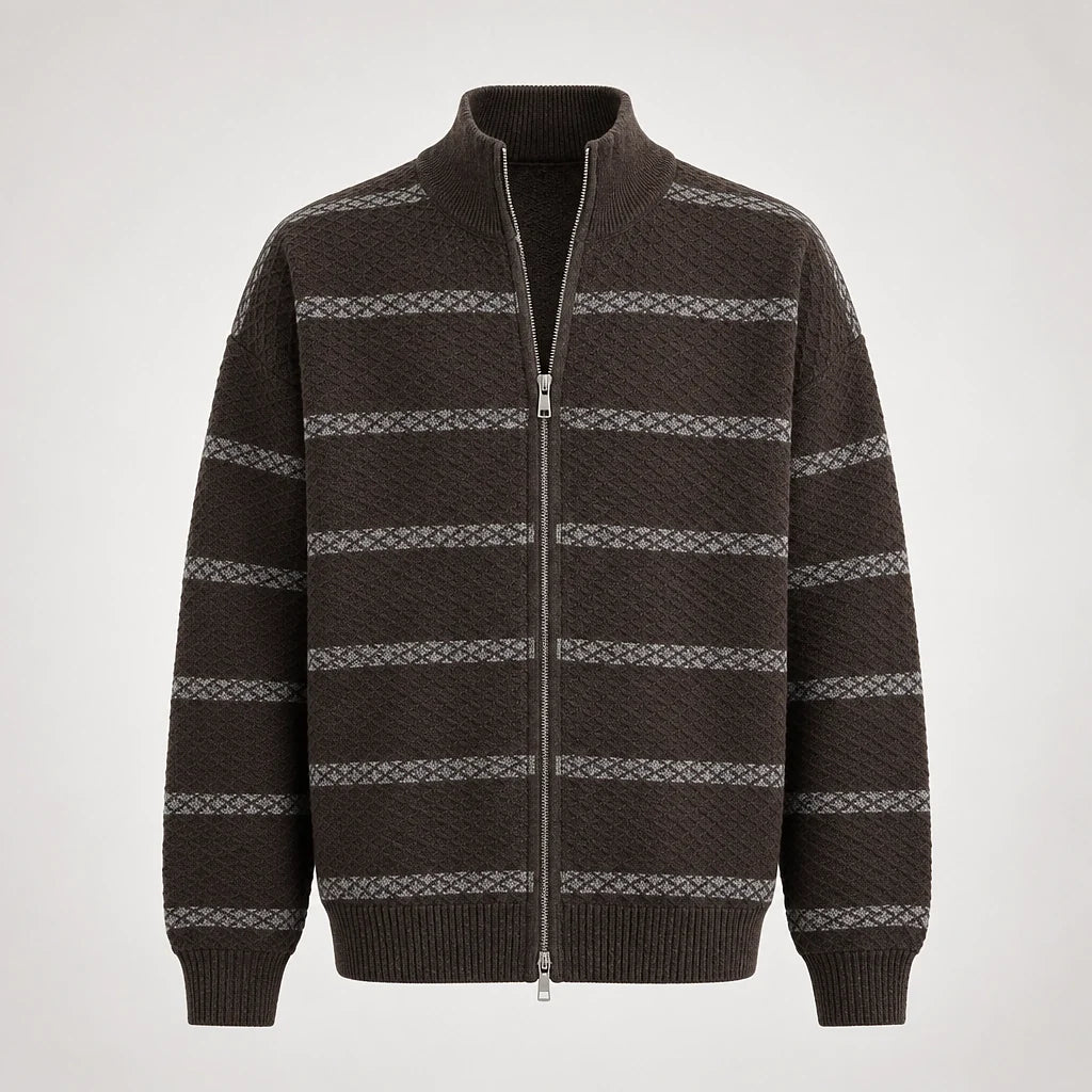 Drevon Striped Knit Cardigan — Brown (apparel solo)