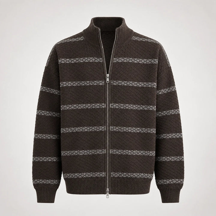 Drevon Striped Knit Cardigan — Brown (apparel solo)