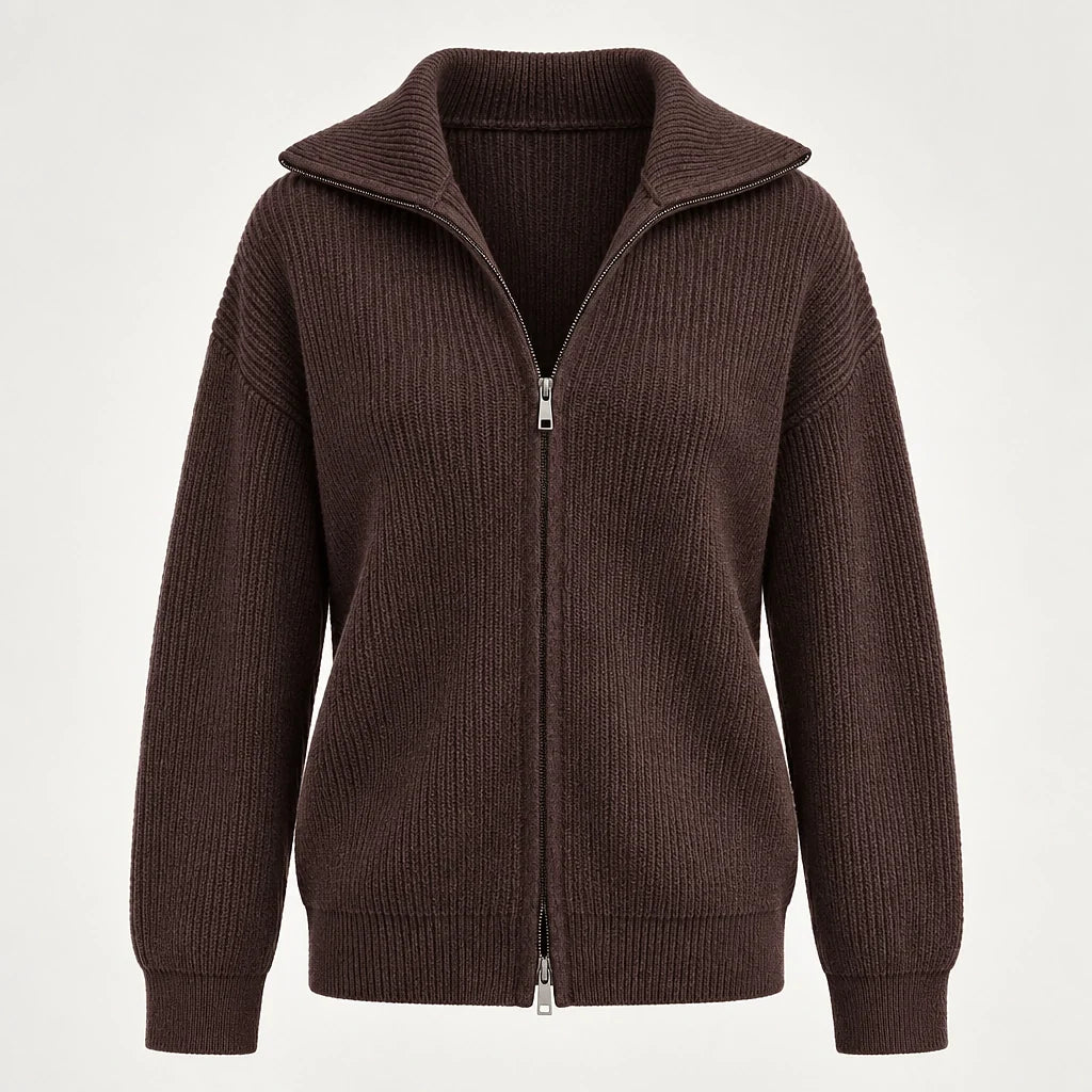 Pelara Ribbed Knit Cardigan — Brown (apparel solo)