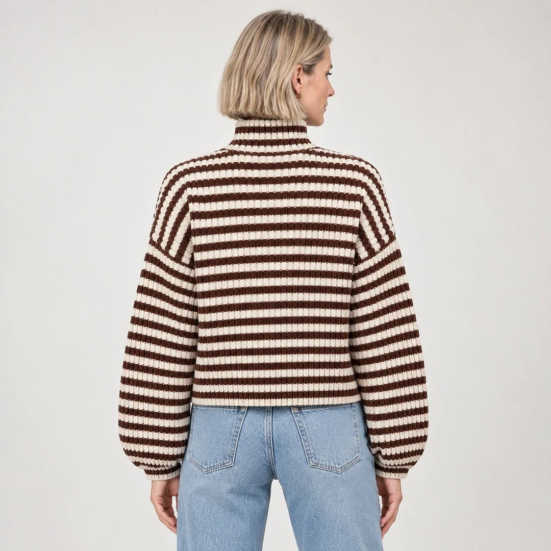 Breval Ribbed Zip Sweater — Brown & Cream Stripe (apparel back)