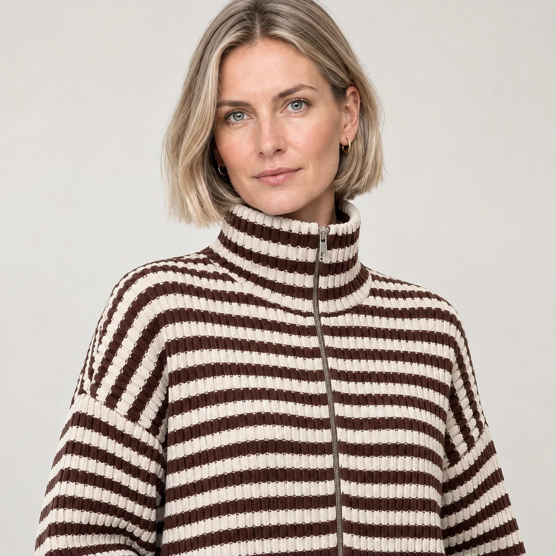 Breval Ribbed Zip Sweater — Brown & Cream Stripe (apparel detail)