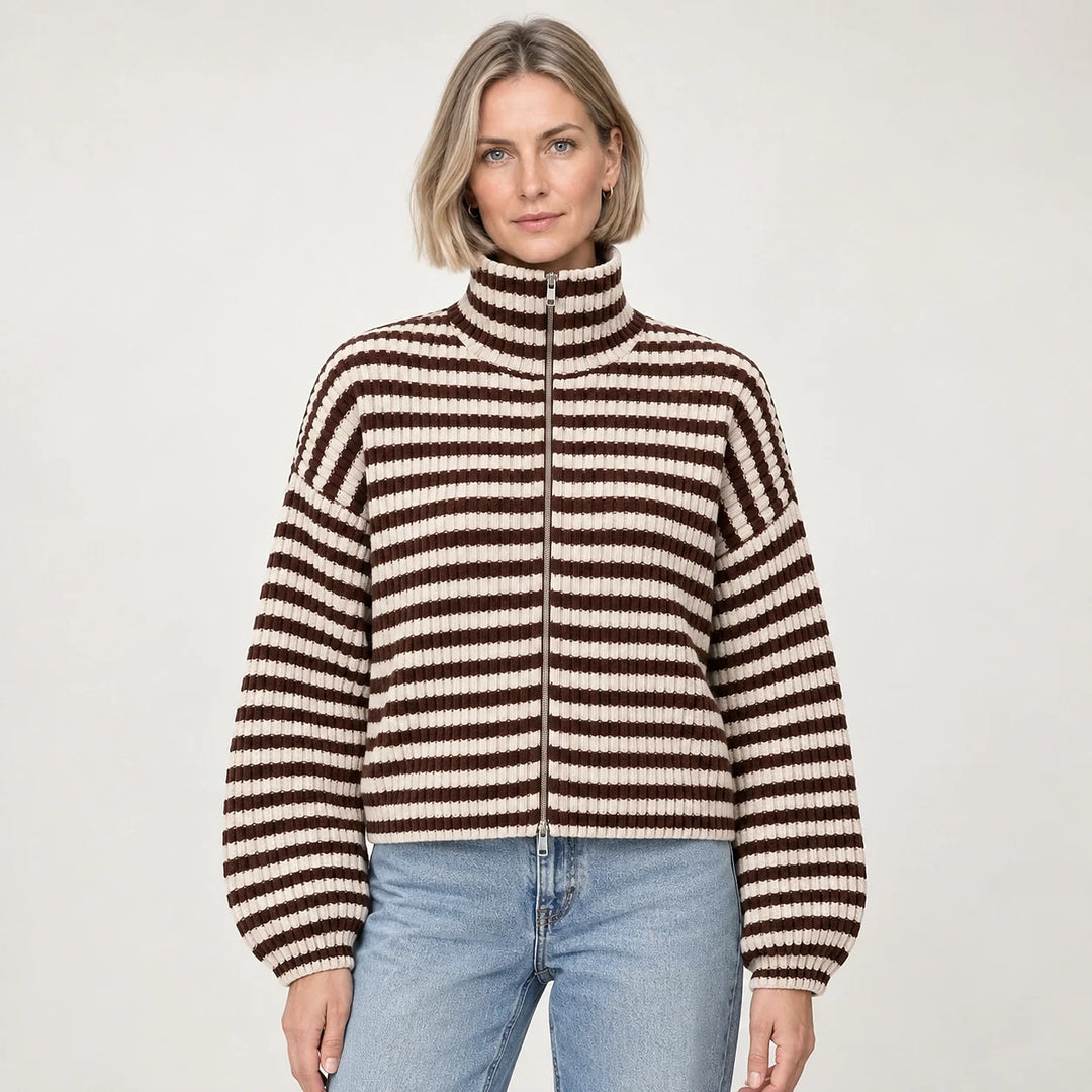 Breval Ribbed Zip Sweater — Brown & Cream Stripe (apparel front)