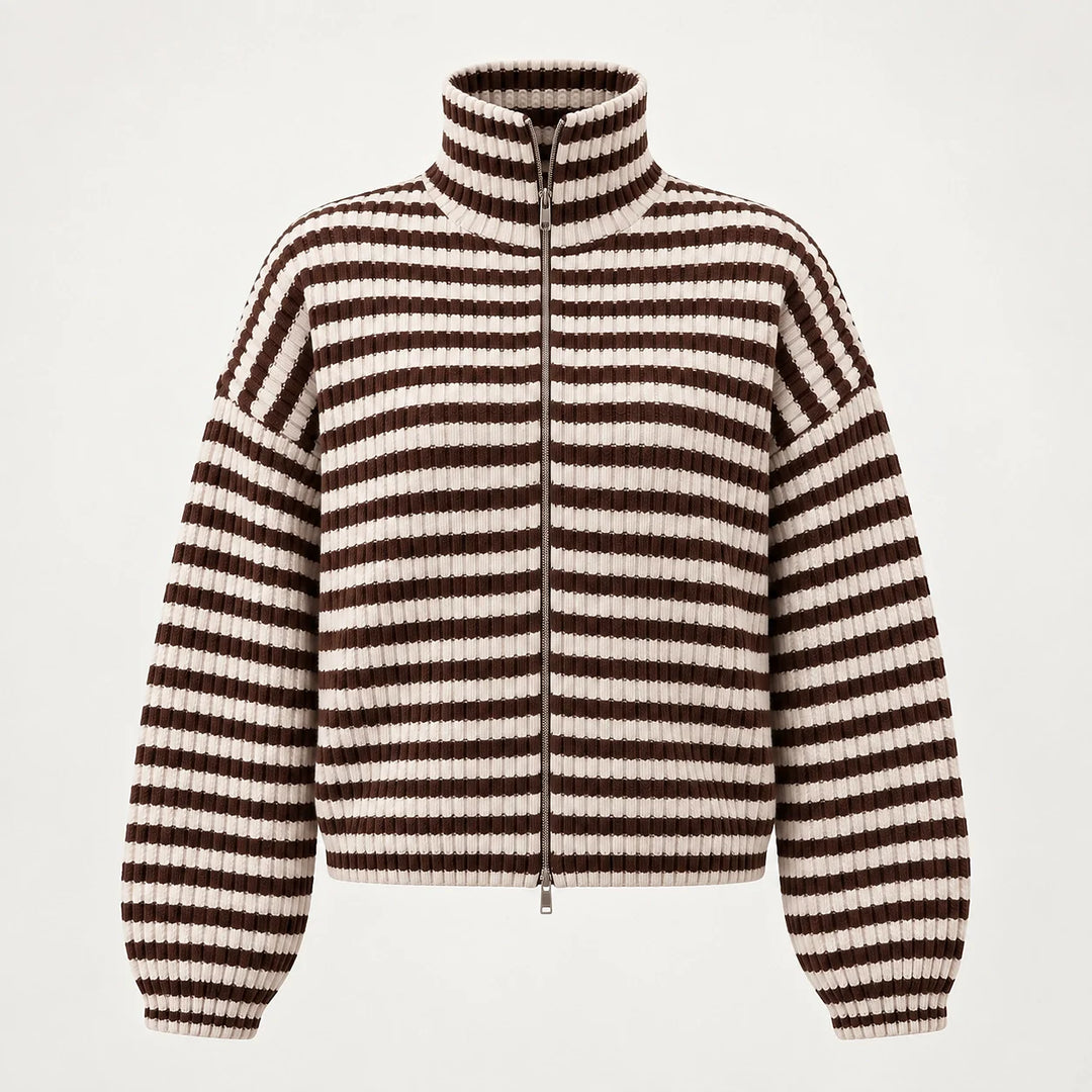 Breval Ribbed Zip Sweater — Brown & Cream Stripe (apparel solo)