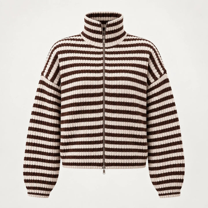 Breval Ribbed Zip Sweater — Brown & Cream Stripe (apparel solo)
