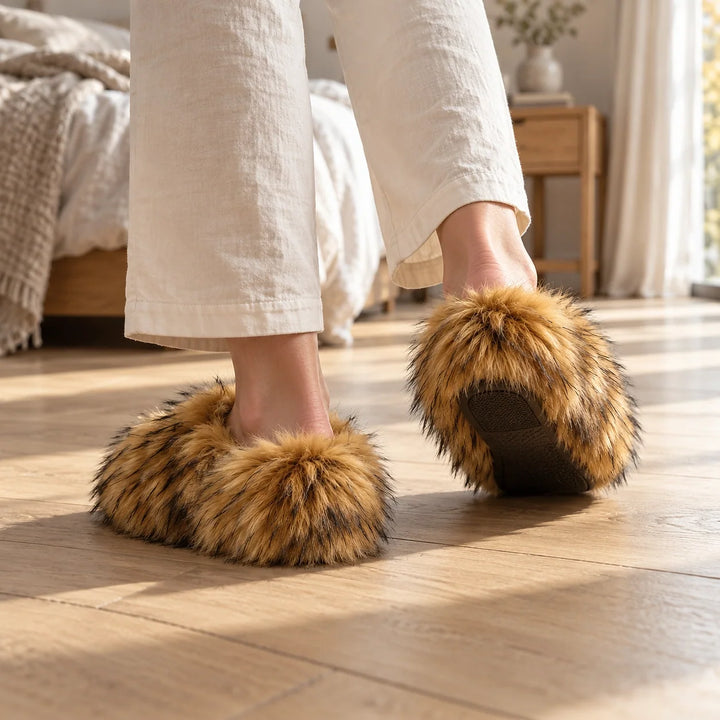 Fioravessa Plush Slippers — Brown (imitation Raccoon Fur) (footwear environment 3)