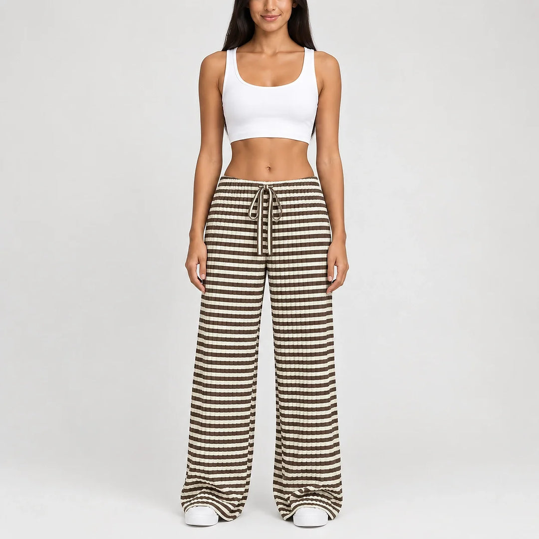 Delwyn Ribbed Drawstring Pants — Brown White Stripe (apparel front)