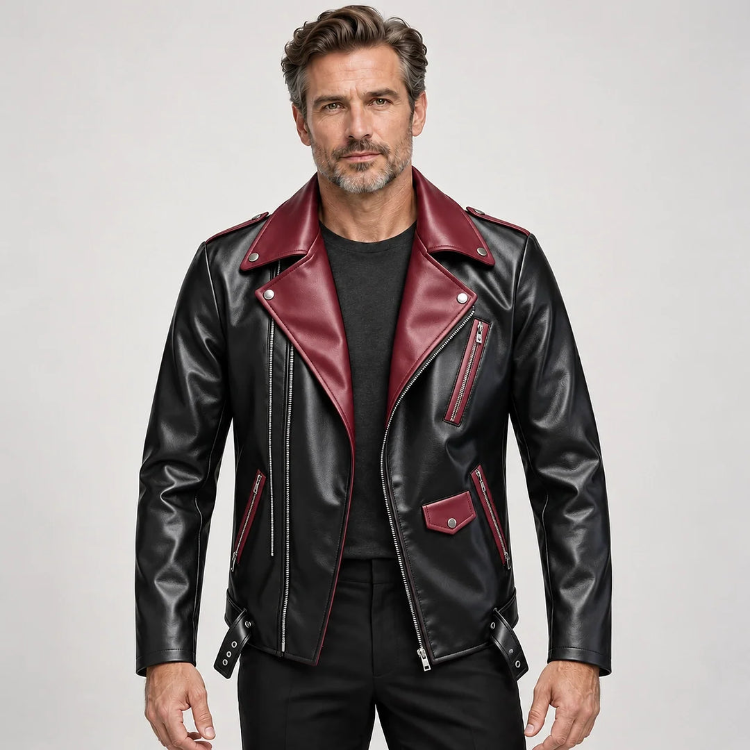 Marovienne Leather Biker Jacket — Burgundy (apparel front)