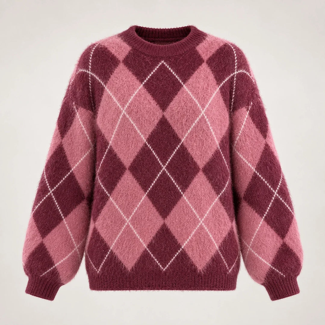 Halwyn Argyle Knit Sweater — Burgundy Argyle (apparel solo)