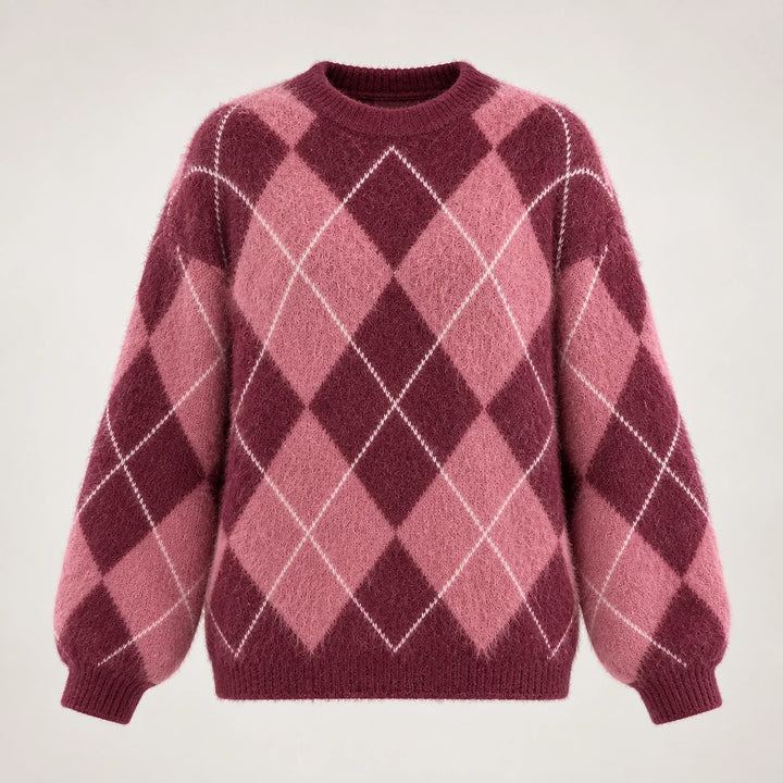Halwyn Argyle Knit Sweater — Burgundy Argyle (apparel solo)