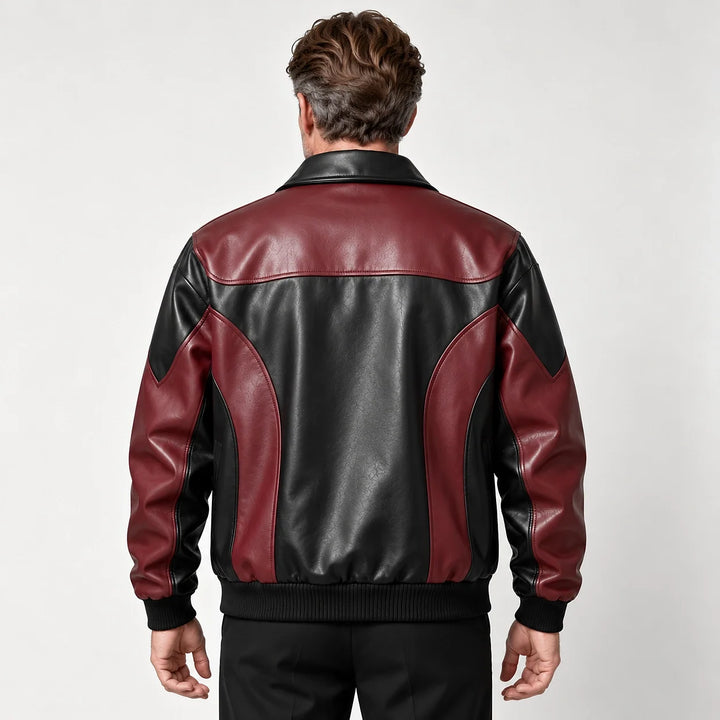 Dovek Leather Bomber Jacket — Burgundy & Black (apparel back)