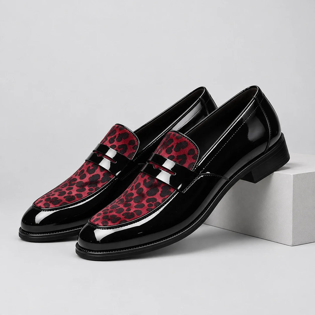 Halvorn Leopard Print Penny Loafers — Burgundy Leopard (mens shoe pedestal)