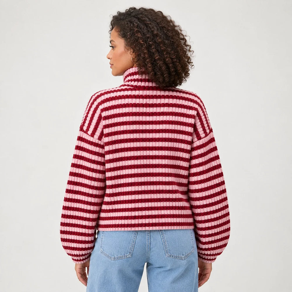 Breval Ribbed Zip Sweater — Burgundy & White Stripe (apparel back)