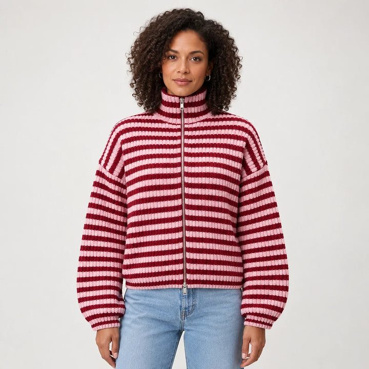 Breval Ribbed Zip Sweater — Burgundy & White Stripe (apparel front)