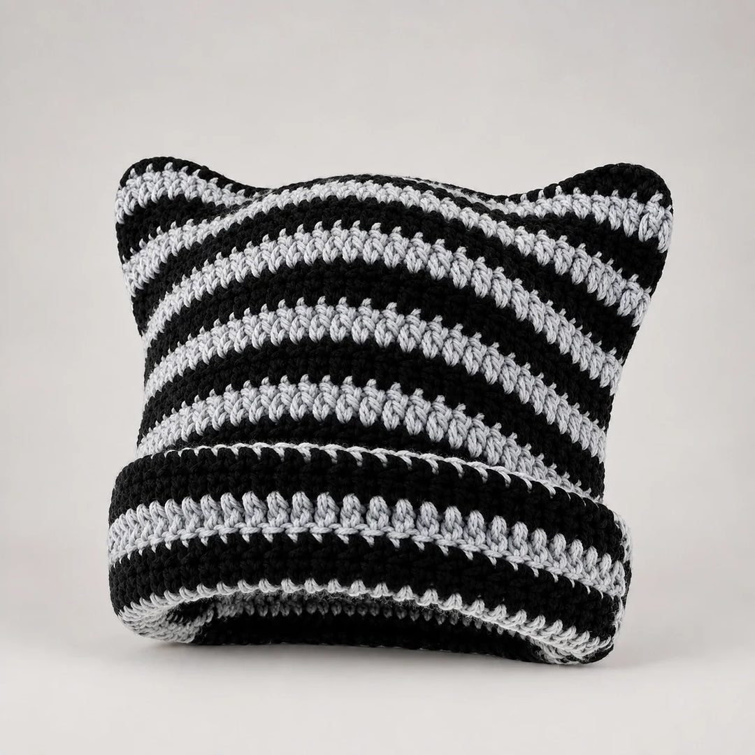 Delphi Cat Ear Crochet Beanie — Cd61300 Gray Black (headwear solo front)