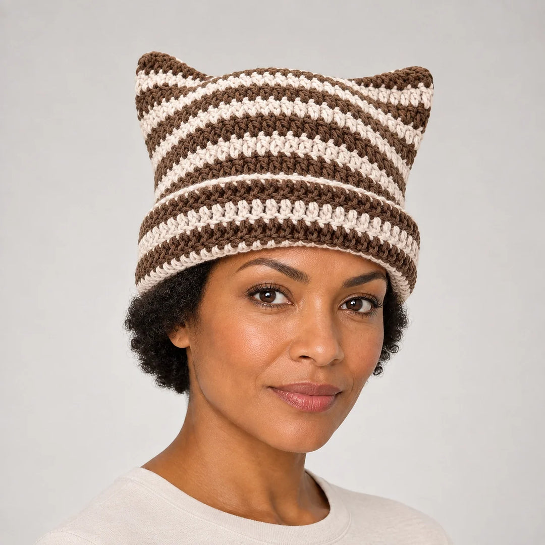 Delphi Cat Ear Crochet Beanie — Cd61300 Khaki (headwear model front)