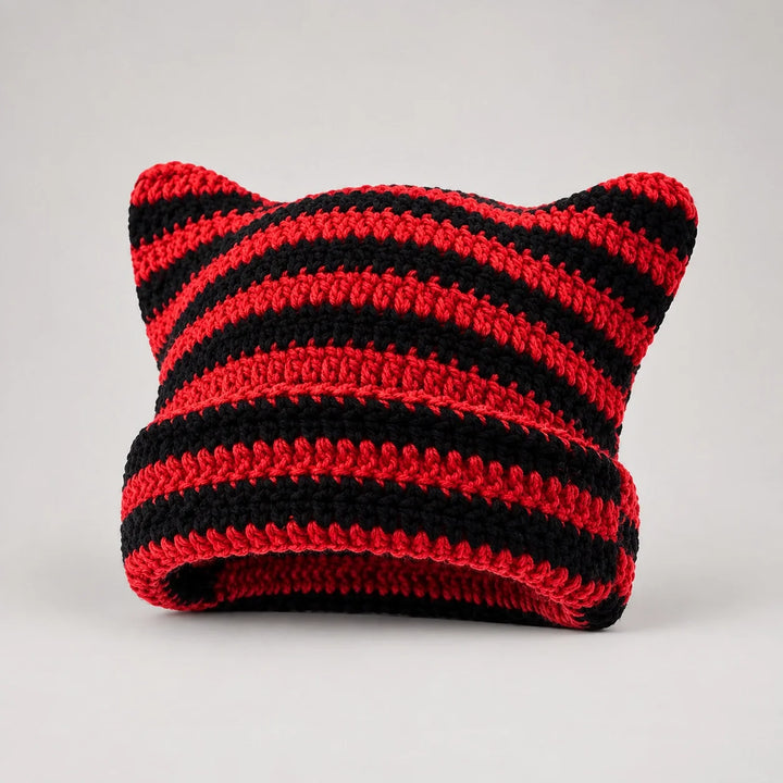Delphi Cat Ear Crochet Beanie — Cd61300 Red And Black (headwear solo front)
