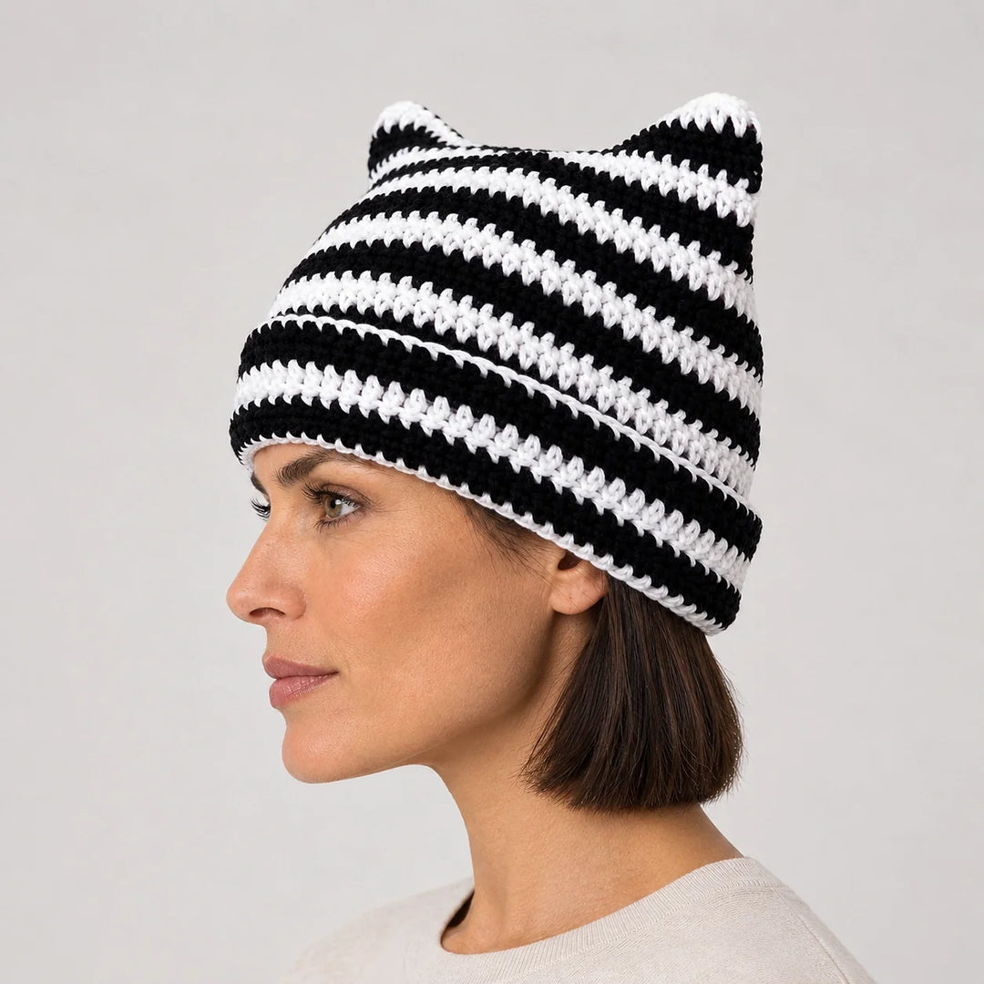 Delphi Cat Ear Crochet Beanie — Cd61300 White Black (headwear model alt)
