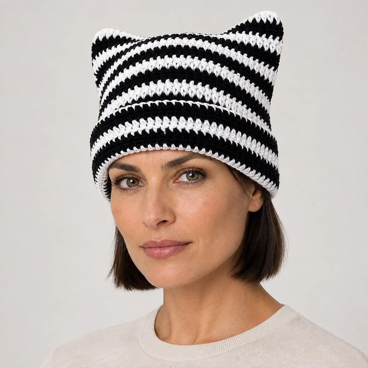 Delphi Cat Ear Crochet Beanie — Cd61300 White Black (headwear model front)