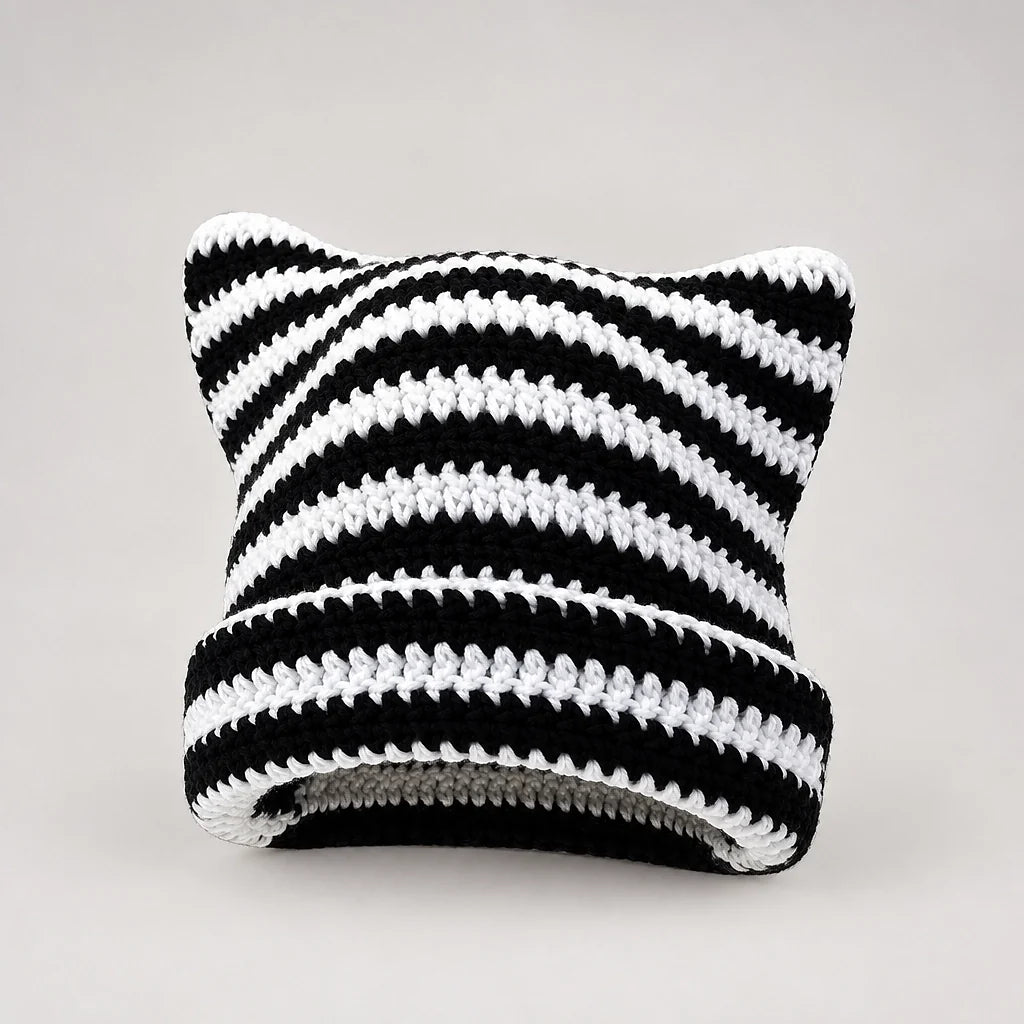 Delphi Cat Ear Crochet Beanie — Cd61300 White Black (headwear solo alt)