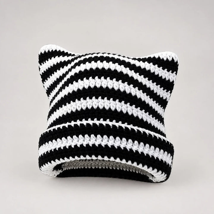 Delphi Cat Ear Crochet Beanie — Cd61300 White Black (headwear solo alt)