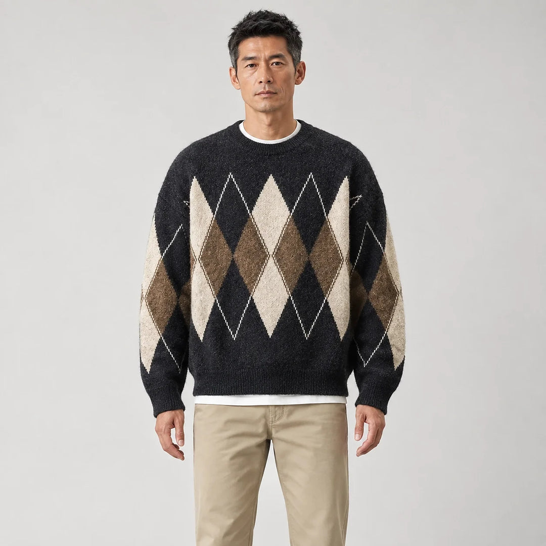 Halcourt Argyle Knit Sweater — Charcoal Argyle (apparel front)