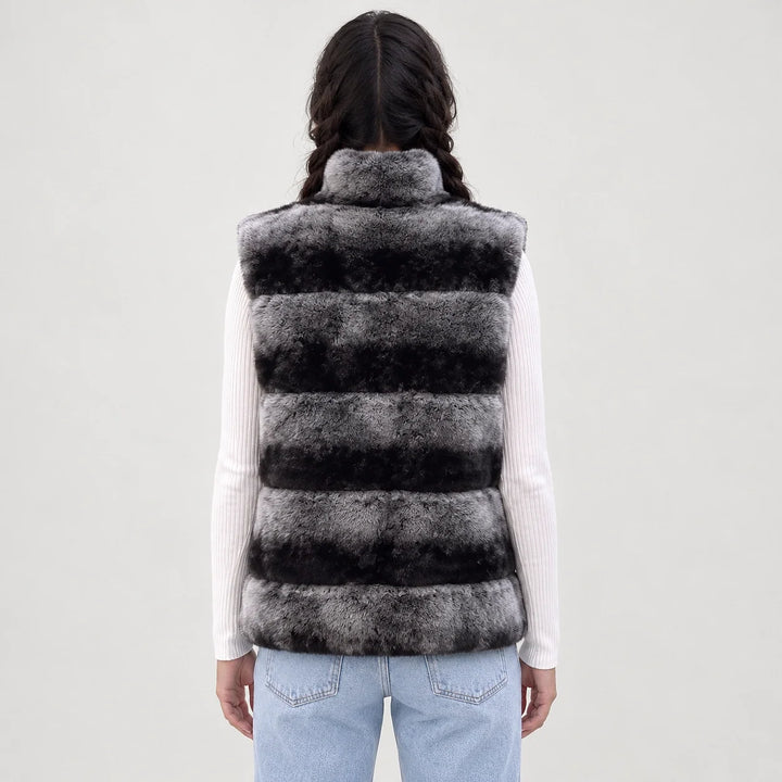 Belara Striped Faux Fur Vest — Charcoal & Black (apparel back)