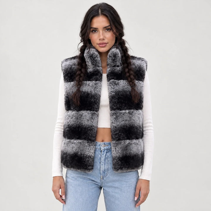 Belara Striped Faux Fur Vest — Charcoal & Black (apparel front)