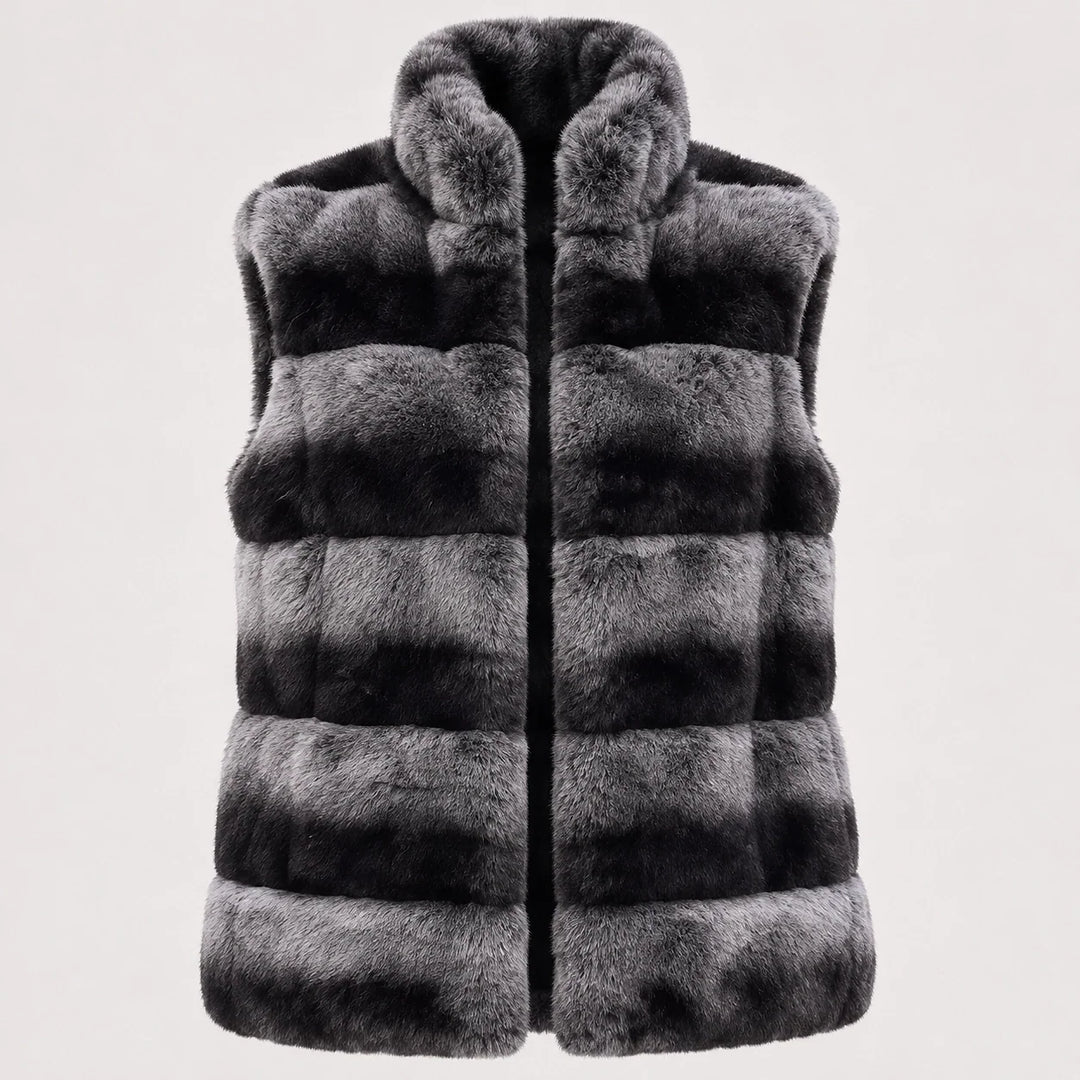 Belara Striped Faux Fur Vest — Charcoal & Black (apparel solo)