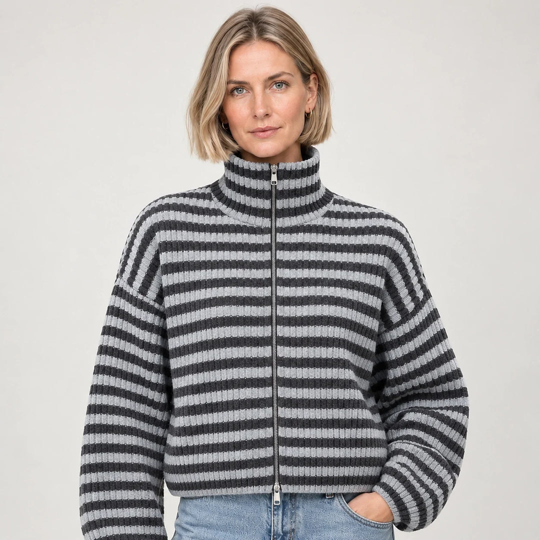 Breval Ribbed Zip Sweater — Charcoal & White Stripe (apparel detail)
