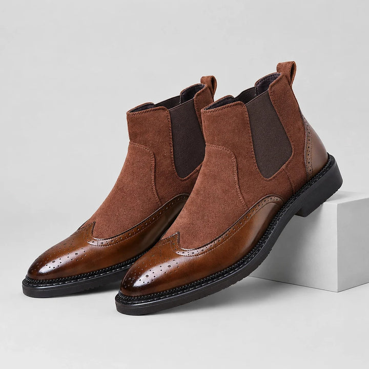 Dreven Leather Chelsea Boots — Cognac Brown (mens shoe pedestal)