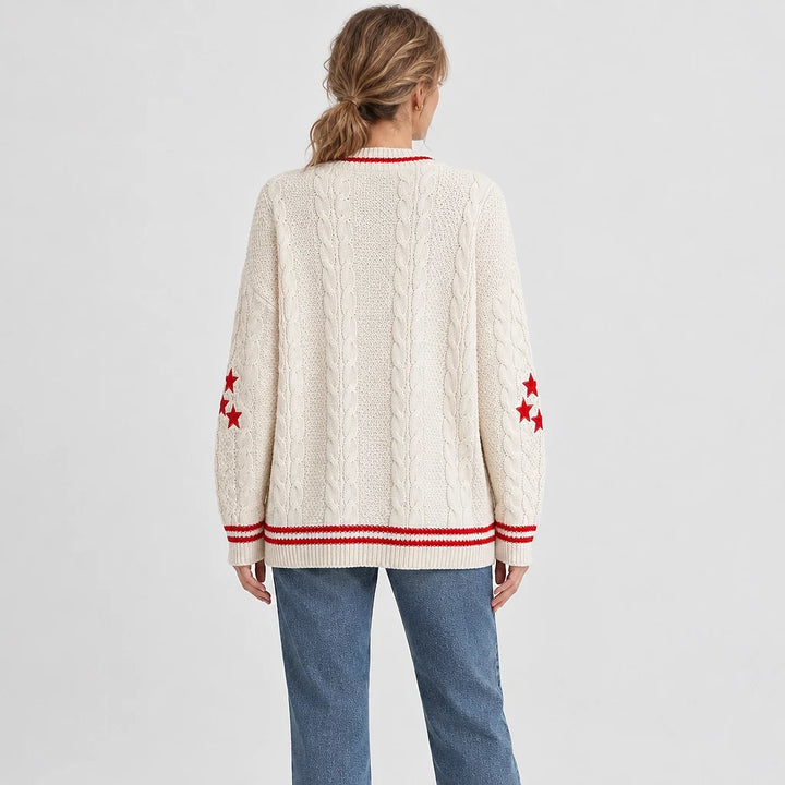 Delwyn Cable-Knit Star Cardigan — Cream Red Stripe (apparel back)